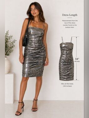 Dellore Ruched Metallic Midi Dress in Silver..Size Medium